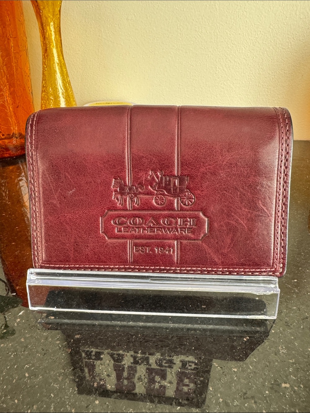 Coach Burgundy Leather Compact Wallet with Carriage Logo